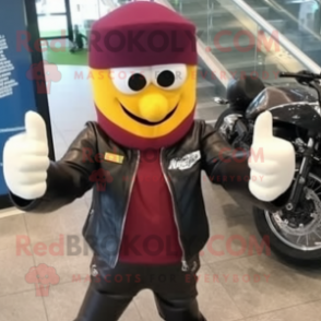 Maroon Squash mascot costume character dressed with a Biker Jacket and Mittens