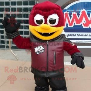 Maroon Squash mascot costume character dressed with a Biker Jacket and Mittens