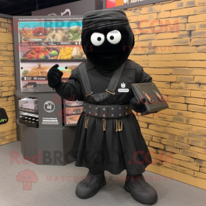 Black Commando mascot costume character dressed with a Midi Dress and Wallets