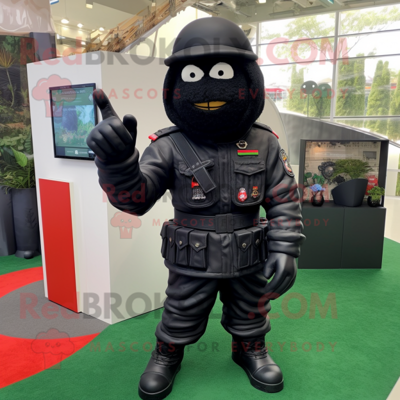 Black Commando mascot costume character dressed with a Midi Dress and Wallets