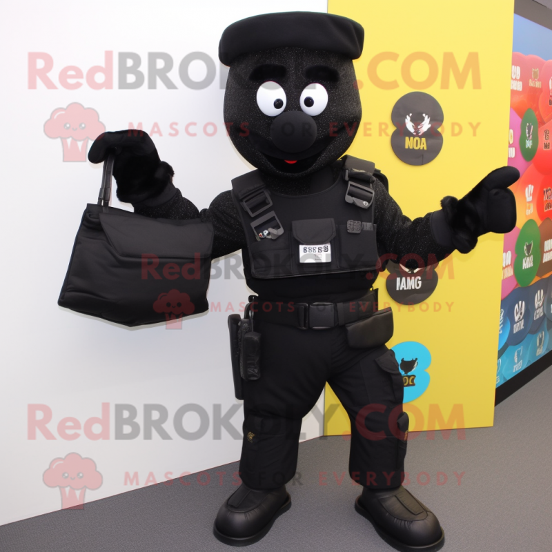 Black Commando mascot costume character dressed with a Midi Dress and Wallets