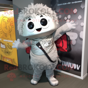 Silver Ramen mascot costume character dressed with a Graphic Tee and Backpacks