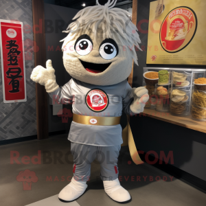 Silver Ramen mascot costume character dressed with a Graphic Tee and Backpacks