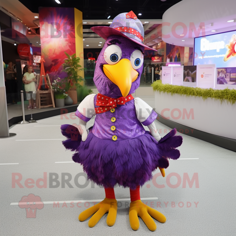 Purple Rooster mascot costume character dressed with a Wrap Skirt and Shoe laces