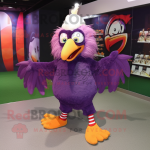 Purple Rooster mascot costume character dressed with a Wrap Skirt and Shoe laces