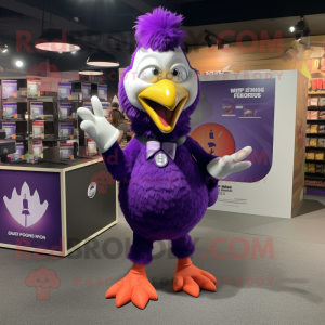 Purple Rooster mascot costume character dressed with a Wrap Skirt and Shoe laces