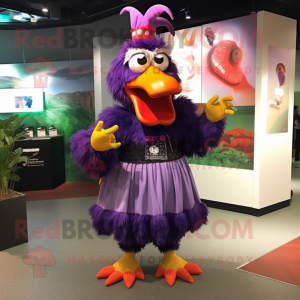 Purple Rooster mascot costume character dressed with a Wrap Skirt and Shoe laces