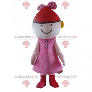 Doll mascotte, roze poppenkostuum met een rode hoed -