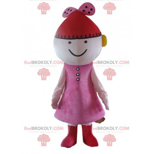 Doll mascotte, roze poppenkostuum met een rode hoed -
