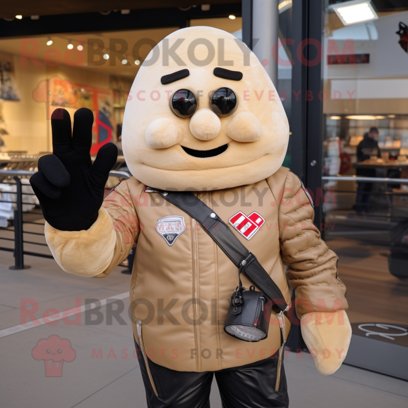 Beige French Fries mascot costume character dressed with a Biker Jacket and Mittens