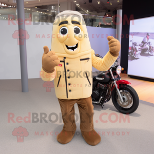 Beige French Fries mascot costume character dressed with a Biker Jacket and Mittens