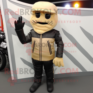 Beige French Fries mascot costume character dressed with a Biker Jacket and Mittens