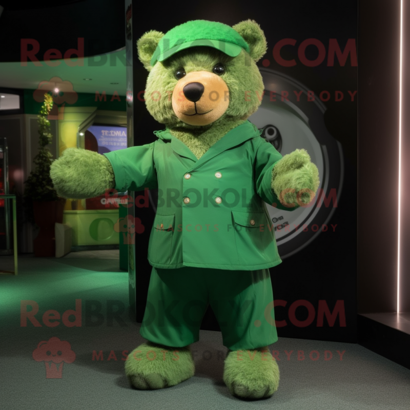 Green Teddy Bear mascot costume character dressed with a Culottes and Wraps Green Teddy Bear mascot costume character dressed with a Culottes and Wraps