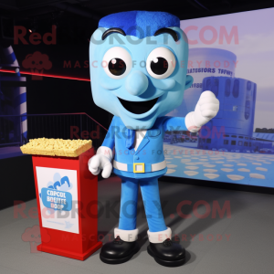 Blue Pop Corn mascot costume character dressed with a Cargo Shorts and Cufflinks