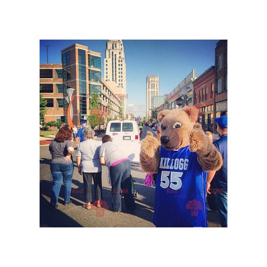 Mascot beige bear with a blue jersey - Redbrokoly.com