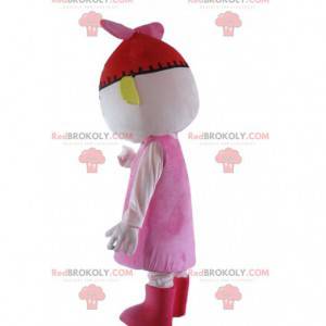 Doll mascotte, roze poppenkostuum met een rode hoed -