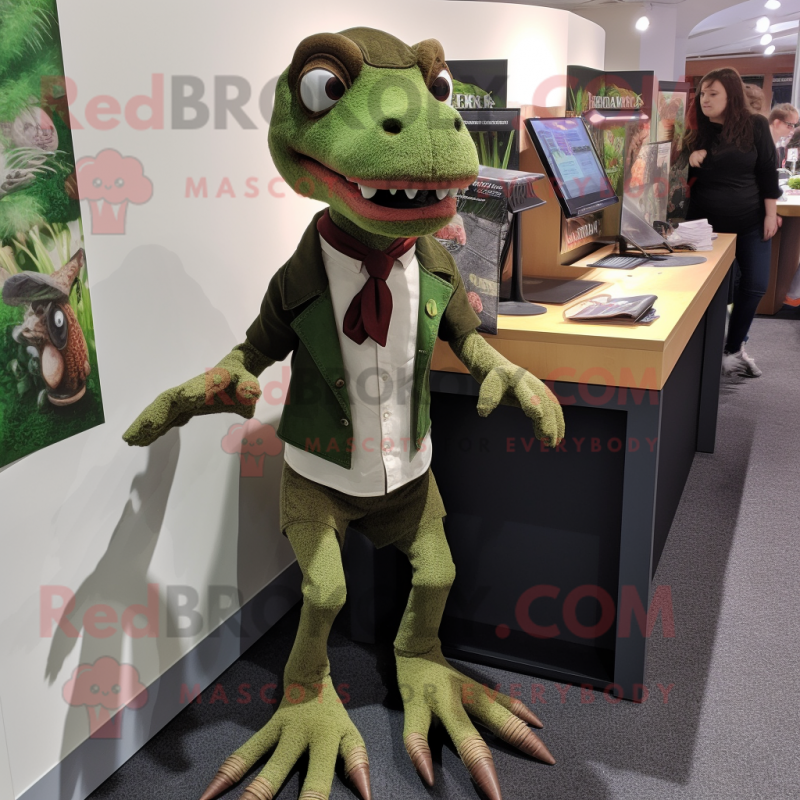 Forest Green Deinonychus mascot costume character dressed with a Chinos and Brooches Forest Green Deinonychus mascot costume character dressed with a Chinos and Brooches