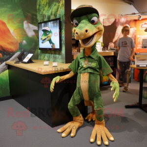 Forest Green Deinonychus mascot costume character dressed with a Chinos and Brooches