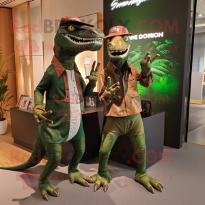 Forest Green Deinonychus mascot costume character dressed with a Chinos and Brooches