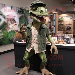 Forest Green Deinonychus mascot costume character dressed with a Chinos and Brooches
