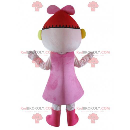 Boneca mascote, fantasia de boneca rosa com chapéu vermelho -