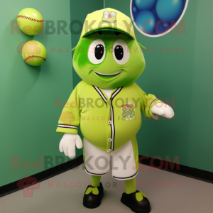 Lime Green Baseball Ball mascot costume character dressed with a Bomber Jacket and Tie pins