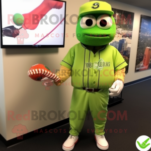 Lime Green Baseball Ball mascot costume character dressed with a Bomber Jacket and Tie pins