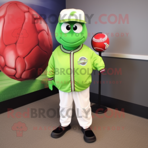 Lime Green Baseball Ball mascot costume character dressed with a Bomber Jacket and Tie pins