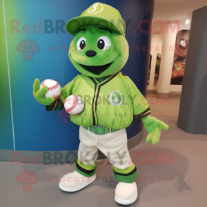Lime Green Baseball Ball mascot costume character dressed with a Bomber Jacket and Tie pins