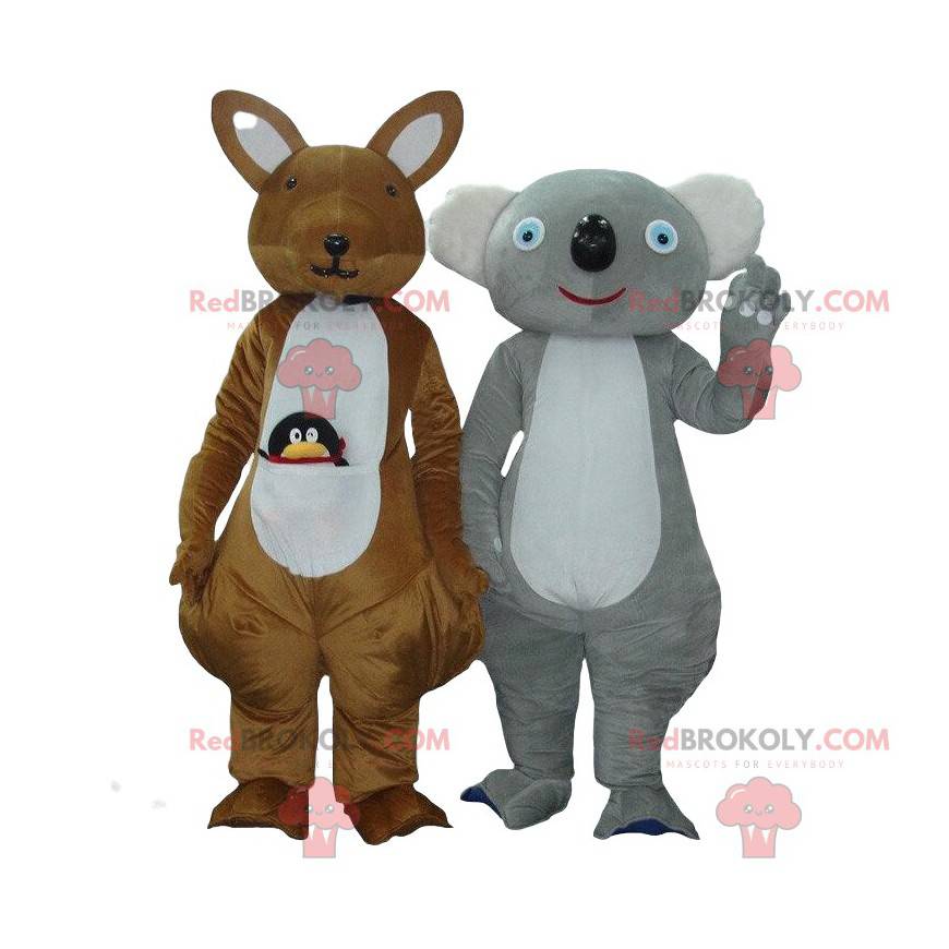 2 mascotes, um canguru marrom e um coala cinza e branco -