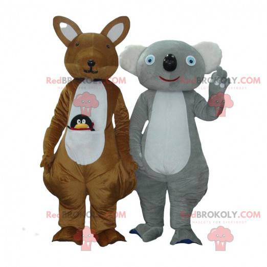 2 mascottes, een bruine kangoeroe en een grijze en witte koala