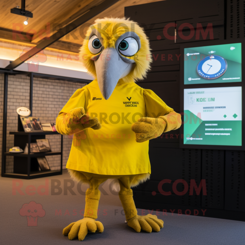 Yellow Vulture mascot costume character dressed with a Playsuit and Smartwatches Yellow Vulture mascot costume character dressed with a Playsuit and Smartwatches