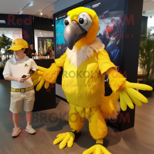 Yellow Vulture mascot costume character dressed with a Playsuit and Smartwatches