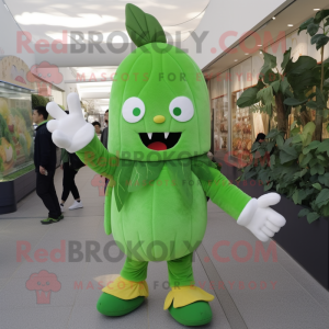 Forest Green Radish mascot costume character dressed with a Jumpsuit and Mittens