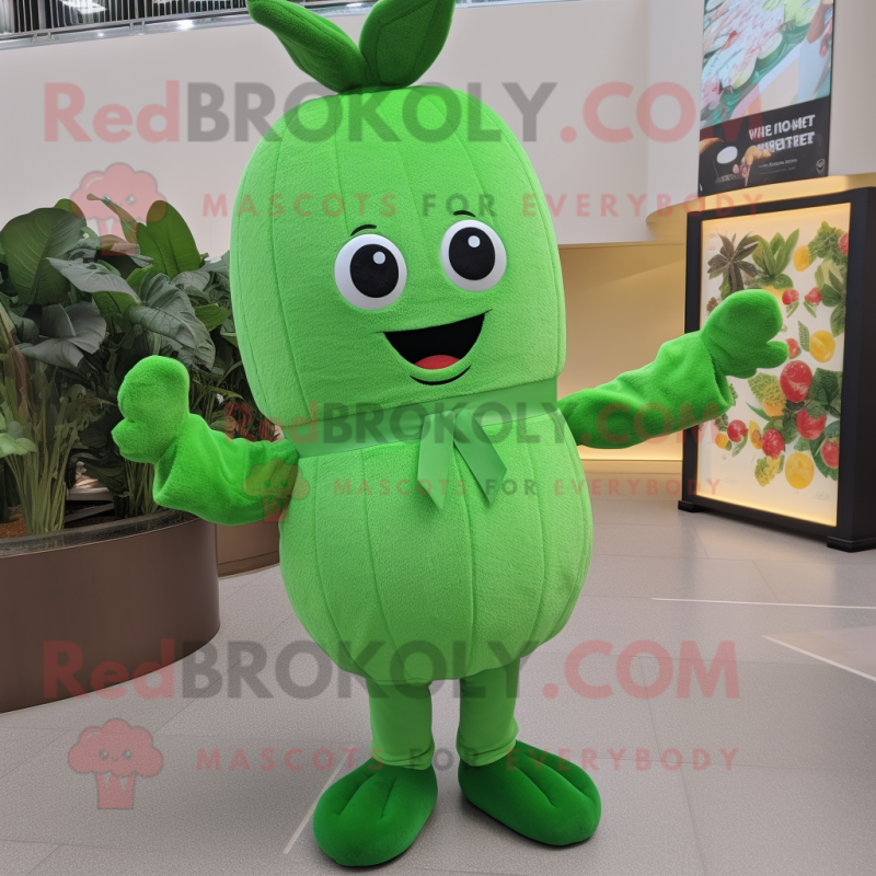 Forest Green Radish mascot costume character dressed with a Jumpsuit and Mittens