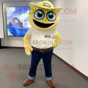 Cream Tuna mascot costume character dressed with a Bootcut Jeans and Ties