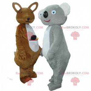 2 mascotas, un canguro marrón y un koala gris y blanco -