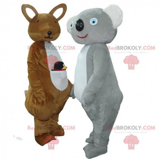 2 mascottes, un kangourou marron et un koala gris et blanc -