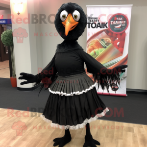 Black Turkey mascot costume character dressed with a Wrap Skirt and Shawl pins