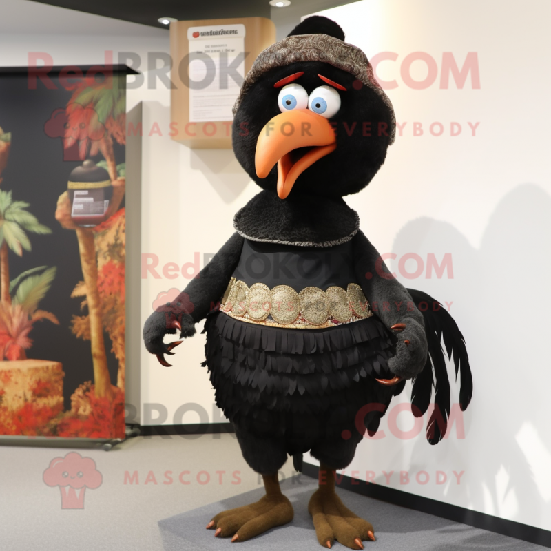 Black Turkey mascot costume character dressed with a Wrap Skirt and Shawl pins