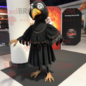 Black Turkey mascot costume character dressed with a Wrap Skirt and Shawl pins