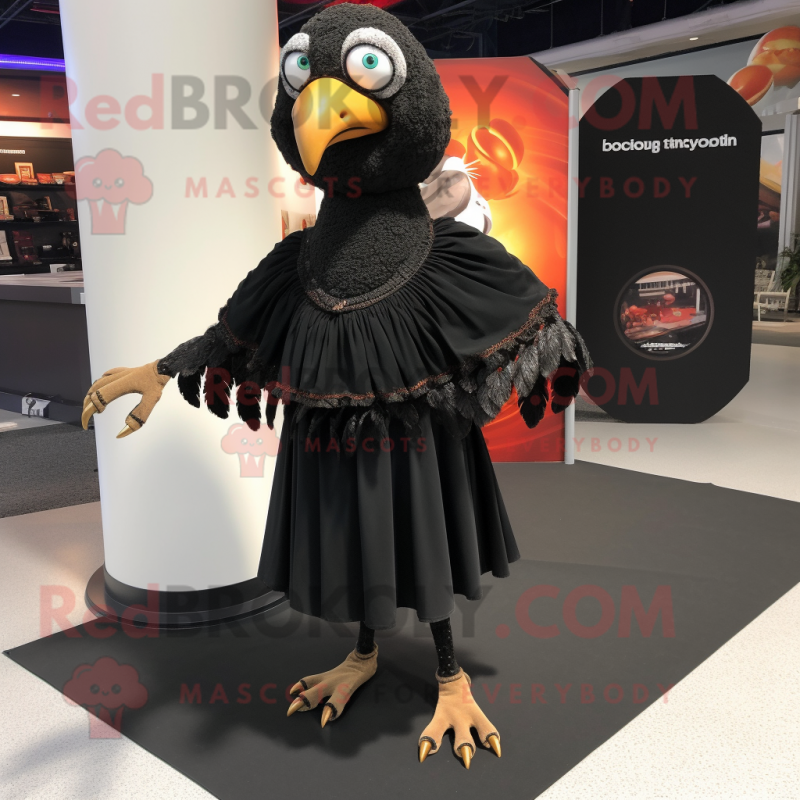 Black Turkey mascot costume character dressed with a Wrap Skirt and Shawl pins Black Turkey mascot costume character dressed with a Wrap Skirt and Shawl pins