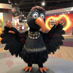 Black Turkey mascot costume character dressed with a Wrap Skirt and Shawl pins