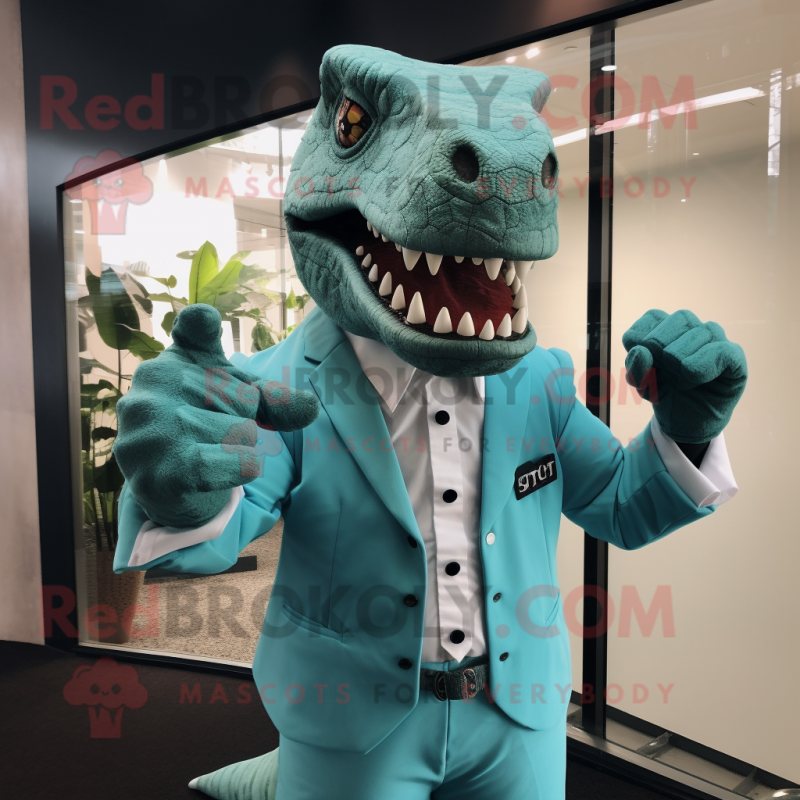 Turquoise T Rex mascot costume character dressed with a Oxford Shirt and Cufflinks Turquoise T Rex mascot costume character dressed with a Oxford Shirt and Cufflinks
