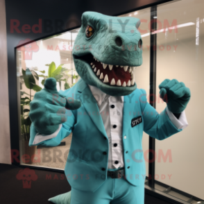 Turquoise T Rex mascot costume character dressed with a Oxford Shirt and Cufflinks