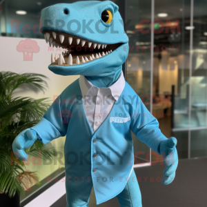 Turquoise T Rex mascot costume character dressed with a Oxford Shirt and Cufflinks