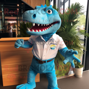 Turquoise T Rex mascot costume character dressed with a Oxford Shirt and Cufflinks