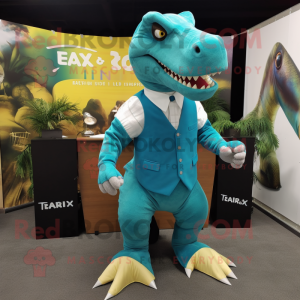 Turquoise T Rex mascot costume character dressed with a Oxford Shirt and Cufflinks