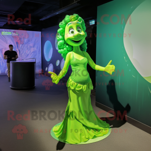 Lime Green Mermaid mascot costume character dressed with a Graphic Tee and Wraps