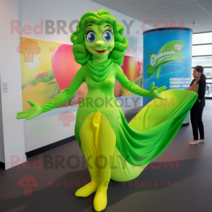 Lime Green Mermaid mascot costume character dressed with a Graphic Tee and Wraps